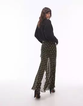 Юбка макси Topshop с прозрачными воланами и винтажным горчичным цветочным принтом