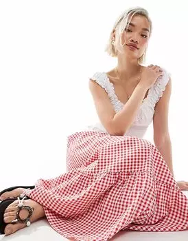 Юбка макси Vero Moda с многоуровневым подолом в красную клетку