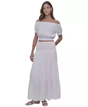 Юбка макси в пол с ярусами и присборенной талией из хлопка, размер Petite DKNY Jeans, белый