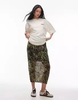 Юбка мидакси из жатого джерси с зеленым принтом Topshop
