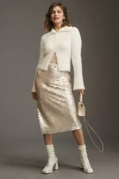 Юбка миди Anthropologie неоновая с пайетками, серый