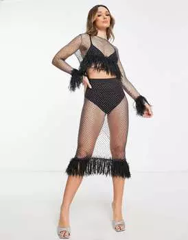 Юбка миди ASOS черного цвета с квадратным украшением и отделкой из искусственных перьев