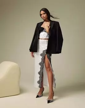 Юбка миди ASOS DESIGN белого цвета с пайетками и кружевными разрезами