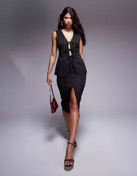 Юбка миди ASOS DESIGN с разрезом спереди, черная в тонкую полоску