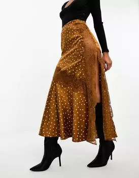 Юбка миди Asos Design Satin Slip With Lace Inserts, светло-коричневый