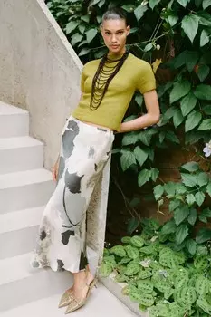 Юбка миди атласная с принтом ZARA, серый/бежевый