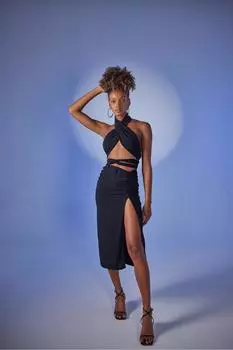 Юбка миди длины Shera с разрезом и высокой талией, черная HOLLY LOLLY, черный