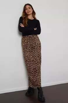 Юбка миди из 100% хлопкового трикотажа с леопардовым принтом и карманами Threadbare, коричневый