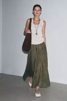 Юбка миди из 100% льна ZARA, зеленый