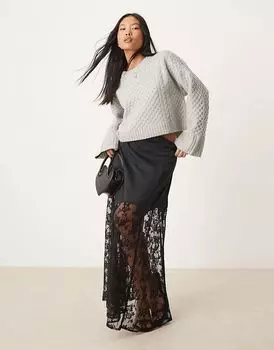 Юбка миди из атласа River Island с кружевным подолом черного цвета