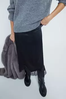 Юбка миди из атласа с кружевным подолом River Island, черный