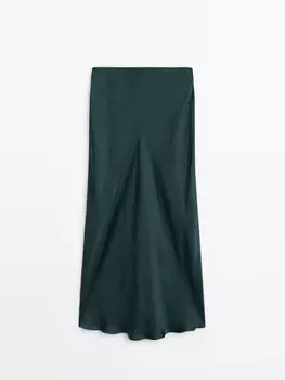 Юбка миди из атласа с потрескавшимся узором Massimo Dutti, зеленый