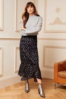 Юбка миди из бархата с флокированным подолом и шейным платком Love & Roses, черный