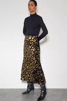 Юбка миди из бархата с леопардовым принтом Arwen Monsoon, черный