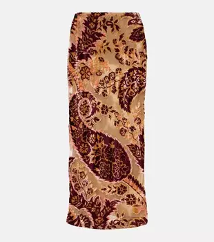 Юбка миди из бархата с жаккардовым узором и узором пейсли Etro, цвет multicolour on beige base