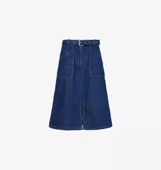 Юбка миди из денима с поясом и двумя накладными карманами Dries Van Noten, синий