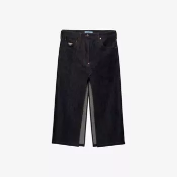 Юбка миди из денима с высокой посадкой, расклешенная, с логотипом и значком Prada, синий