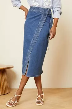 Юбка миди из денима с запахом Love & Roses, синий