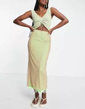 Юбка миди из двухслойной сетки Topshop с контрастной подкладкой цвета поп-лайм