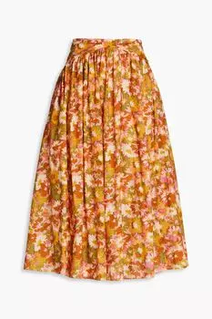 Юбка миди из хлопка со сборками и цветочным принтом ZIMMERMANN, шафрановый