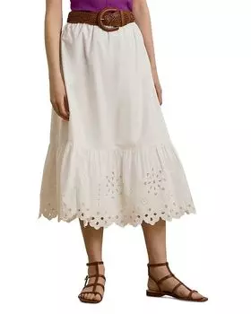 Юбка миди из хлопкового поплина с ажурными отверстиями Ralph Lauren, белый
