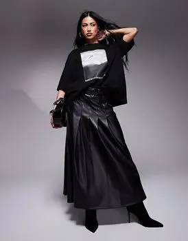 Юбка миди из искусственной кожи в складку черного цвета River Island