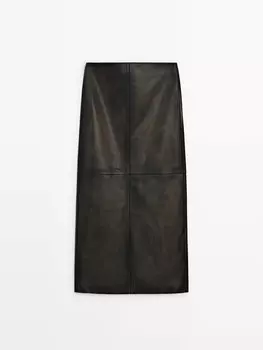 Юбка миди из кожи наппа со швами Massimo Dutti, черный