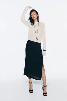 Юбка миди из крепа с диагональными швами ZARA, черный
