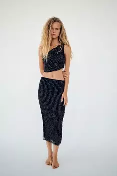 Юбка миди из кружева со стразами ZARA, черный