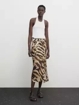 Юбка миди из льна с животным принтом Massimo Dutti, коричневый
