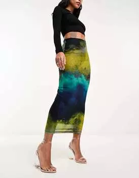 Юбка миди из сетчатой ткани с абстрактным принтом Edited