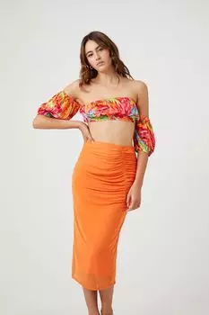 Юбка-миди из сетчатой ткани со сборками Forever 21, оранжевый