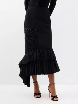Юбка миди из шерсти с оборками и бусинами Erdem, черный