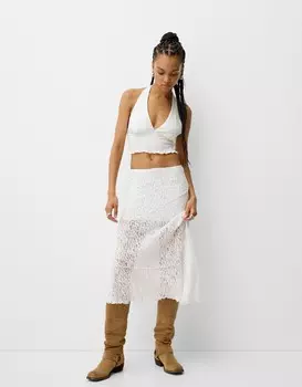 Юбка миди из светлого кружева Bershka, белый