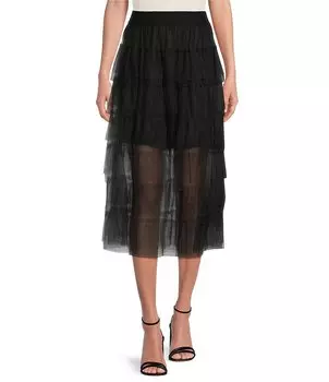 Юбка миди из тюля DKNY с многоярусной оборкой, черный