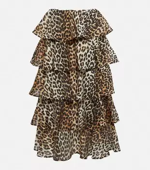 Юбка миди из вуали с леопардовым принтом GANNI, разноцветный