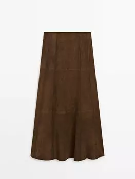 Юбка миди из замшевой кожи со швами Massimo Dutti, коричневый