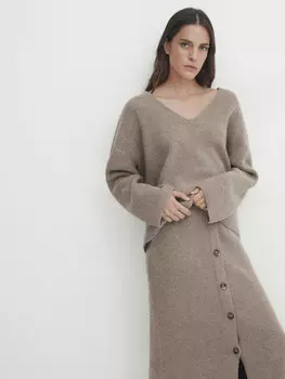 Юбка миди изобразной трикотажи с соответствующими пуговиками Massimo Dutti, экру медиум