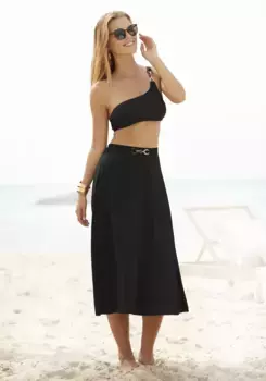 Юбка миди LASCANA с декоративной деталью на поясе, черный