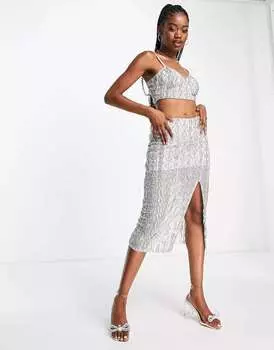 Юбка миди Miss Selfridge Premium, украшенная веревками, серебристого цвета - SILVER