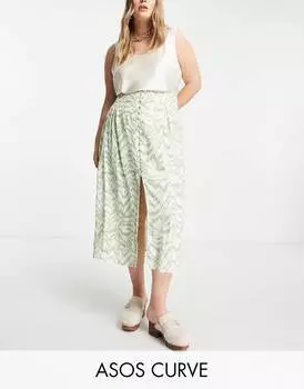 Юбка миди на пуговицах ASOS DESIGN Curve с разрезом цвета шалфея и белой зебры