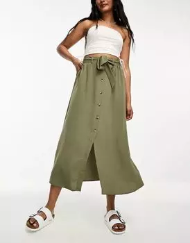 Юбка миди на пуговицах с поясом цвета хаки ASOS