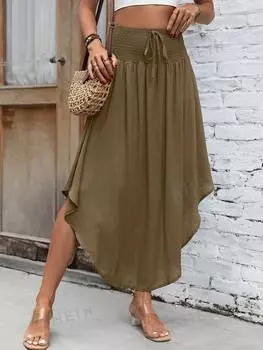 Юбка-миди плиссированная Shein Vcay с завязкой на талии, хаки