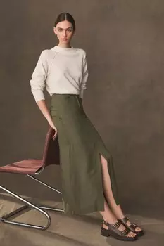 Юбка миди прямого кроя из смесового льна Next, зеленый