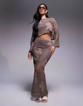 Юбка миди River Island коричневого цвета с цветочным принтом и контрастными вставками, комплект