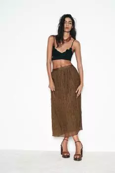 Юбка миди с эффектом мятостей ZARA, хаки
