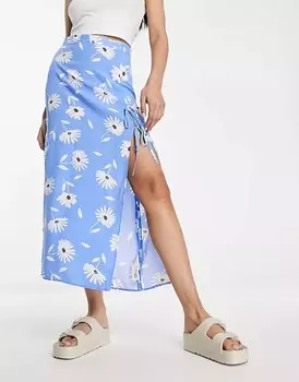 Юбка миди с бантом и разрезом на бедрах с принтом синих ромашек ASOS DESIGN, голубая ромашка