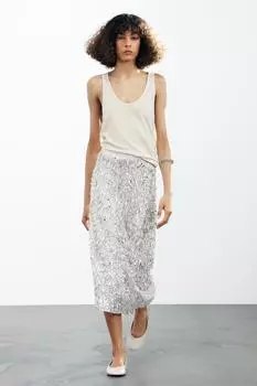 Юбка миди с блестками ZARA, серебряный