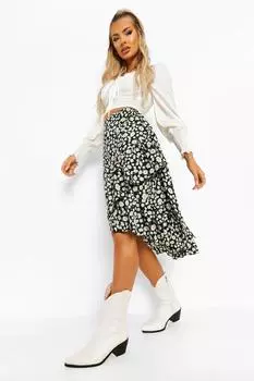 Юбка миди с цветочным цветом и запахом daisy Boohoo, черный