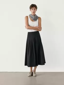 Юбка миди с кокеткой и декоративными швами Massimo Dutti, черный